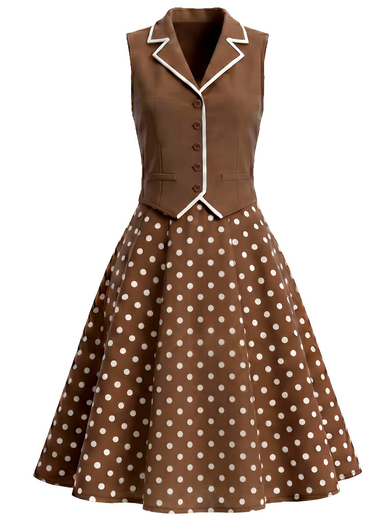 [Prevendita] Abito Marrone Anni '50 a Pois Scollo a V Fake Two Piece 3
