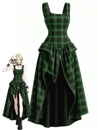 [Prevendita] Abito Midi Verde Anni '60 a Quadri Layered con Spacco Gotico