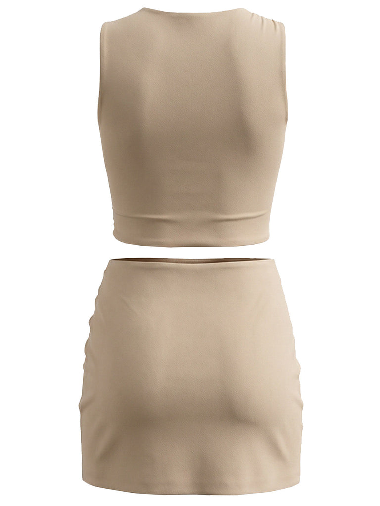 [Prevendita] 2 Pezzi Top con Cut-Out e Gonna Mini a Portafoglio Tinta Unita Beige Anni '80 3