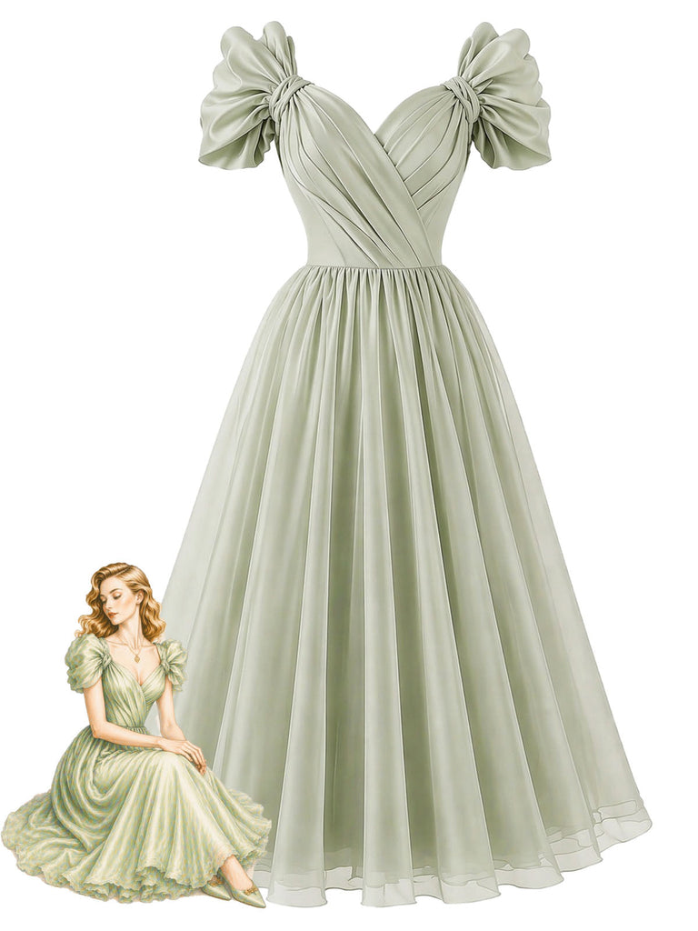[Prevendita] Abito in Chiffon Verde Salvia con Scollo a Cuore e Maniche a Fiocco Anni '50