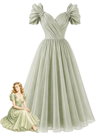 [Prevendita] Abito in Chiffon Verde Salvia con Scollo a Cuore e Maniche a Fiocco Anni '50