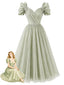 [Prevendita] Abito Verde Salvia Anni '50 in Chiffon con Maniche a Fiocco e Scollo a Cuore