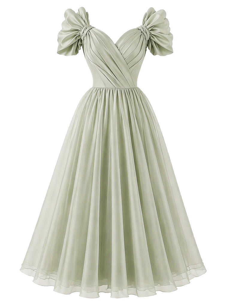 [Prevendita] Abito in Chiffon Verde Salvia con Scollo a Cuore e Maniche a Fiocco Anni '50 2