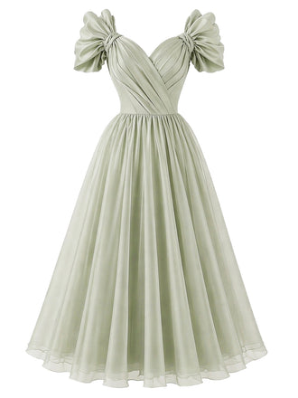 [Prevendita] Abito in Chiffon Verde Salvia con Scollo a Cuore e Maniche a Fiocco Anni '50 2