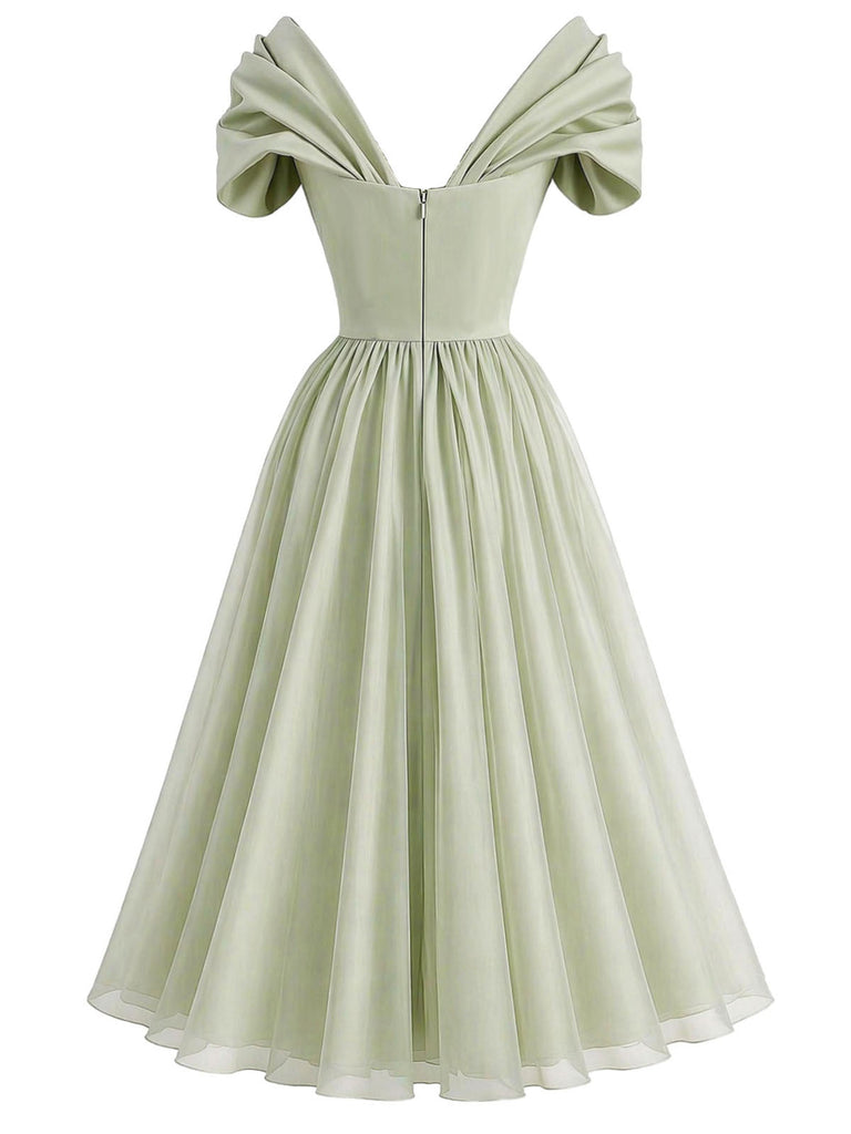 [Prevendita] Abito in Chiffon Verde Salvia con Scollo a Cuore e Maniche a Fiocco Anni '50 3