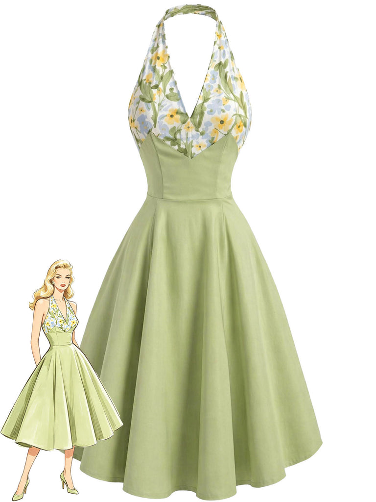 [Prevendita] Abito Svasato Verde Floreale Patchwork Scollo a V Allacciatura al Collo Anni '50