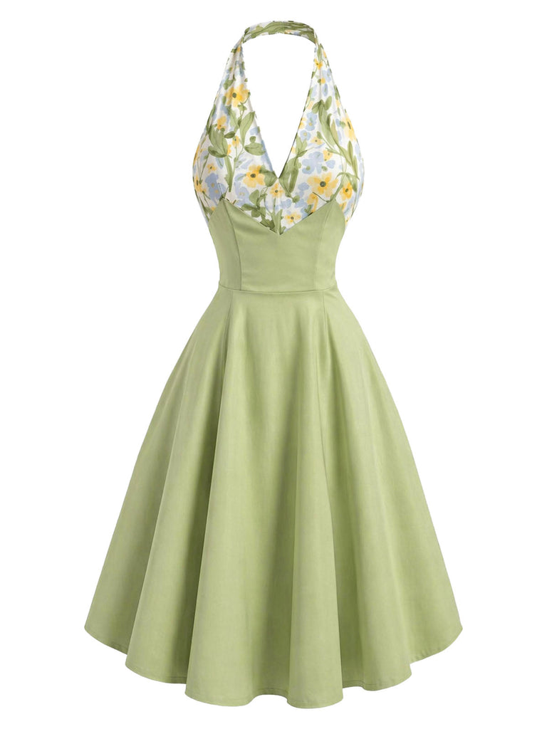 [Prevendita] Abito Svasato Verde Floreale Patchwork Scollo a V Allacciatura al Collo Anni '50 2