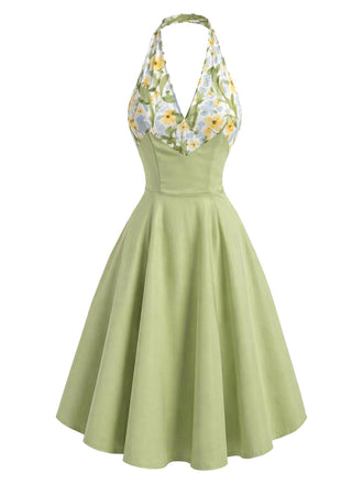 [Prevendita] Abito Svasato Verde Floreale Patchwork Scollo a V Allacciatura al Collo Anni '50 2