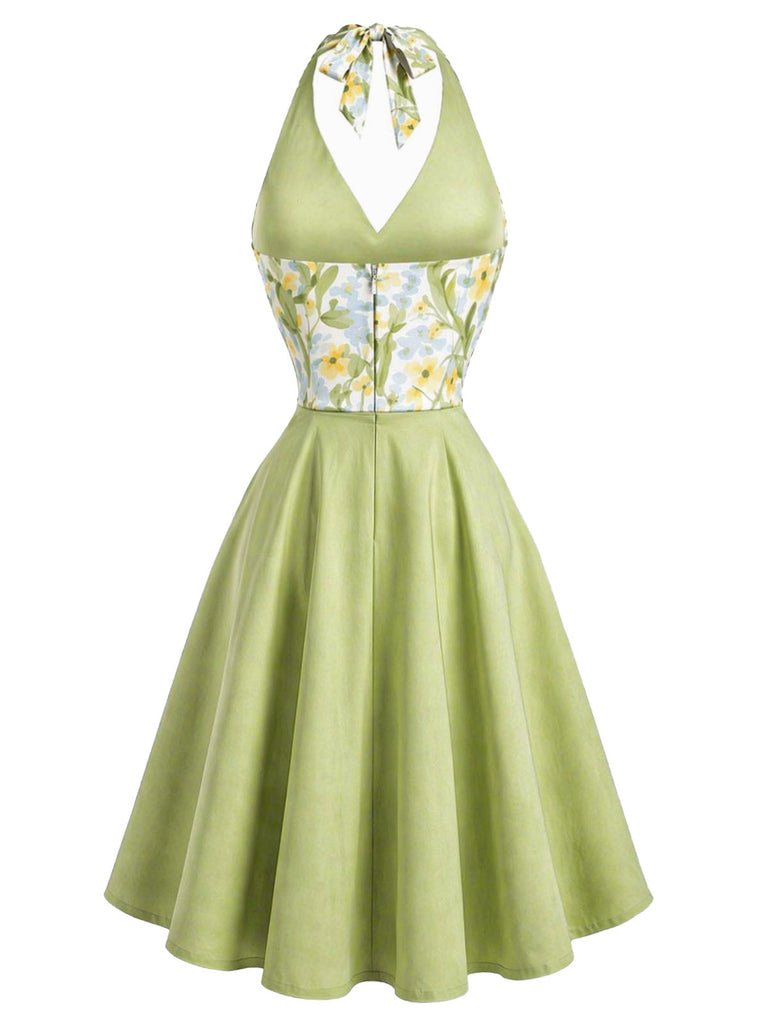 [Prevendita] Abito Svasato Verde Floreale Patchwork Scollo a V Allacciatura al Collo Anni '50 3