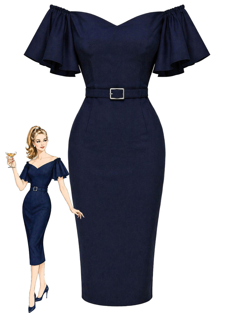 [Prevendita] Abito a tubino anni '60 blu navy tinta unita con volant e spalle scoperte