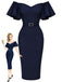 [Prevendita] Abito a tubino anni '60 blu navy tinta unita con volant e spalle scoperte