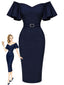 [Prevendita] Abito a Tubino Blu Navy Anni '60 Tinta Unita con Volant e Spalle Scoperte