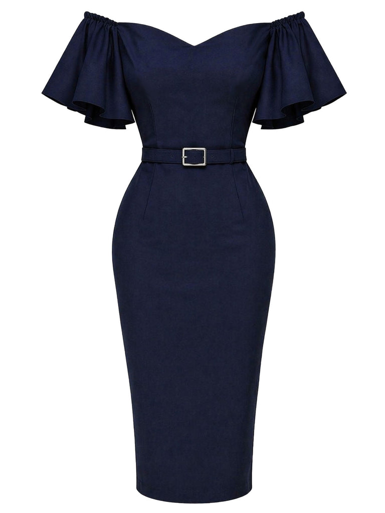 [Prevendita] Abito a tubino anni '60 blu navy tinta unita con volant e spalle scoperte 2