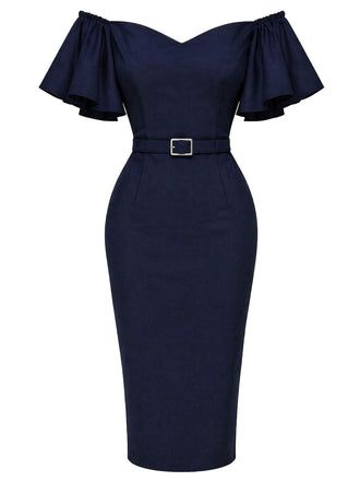 [Prevendita] Abito a tubino anni '60 blu navy tinta unita con volant e spalle scoperte 2