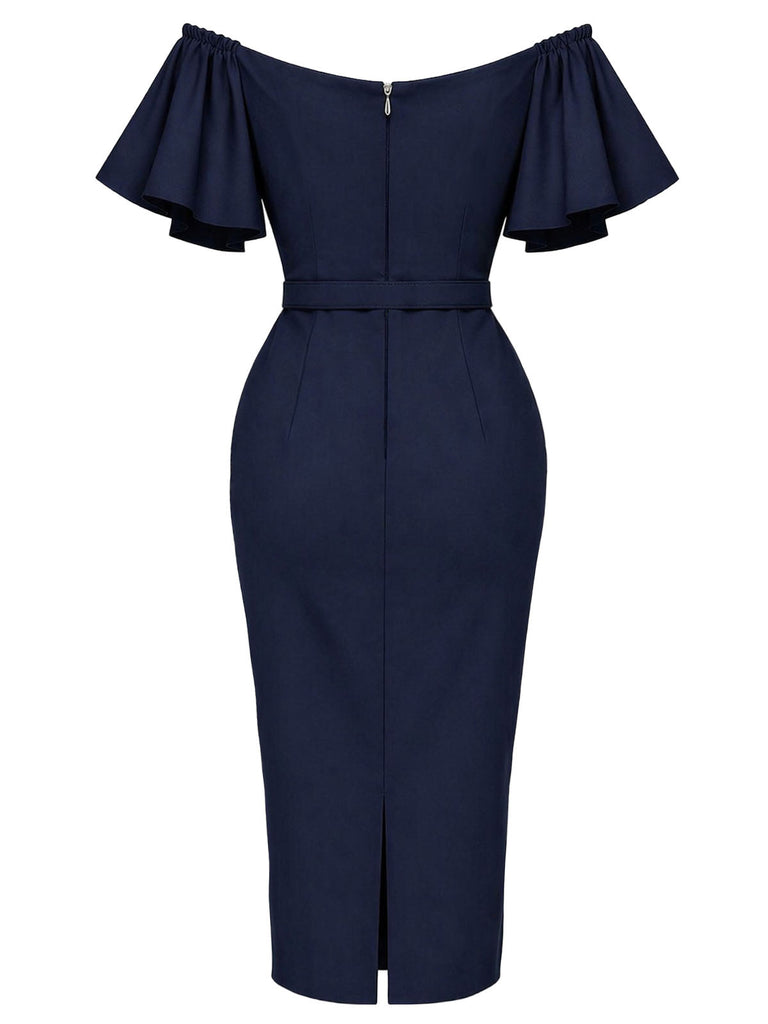 [Prevendita] Abito a tubino anni '60 blu navy tinta unita con volant e spalle scoperte 3