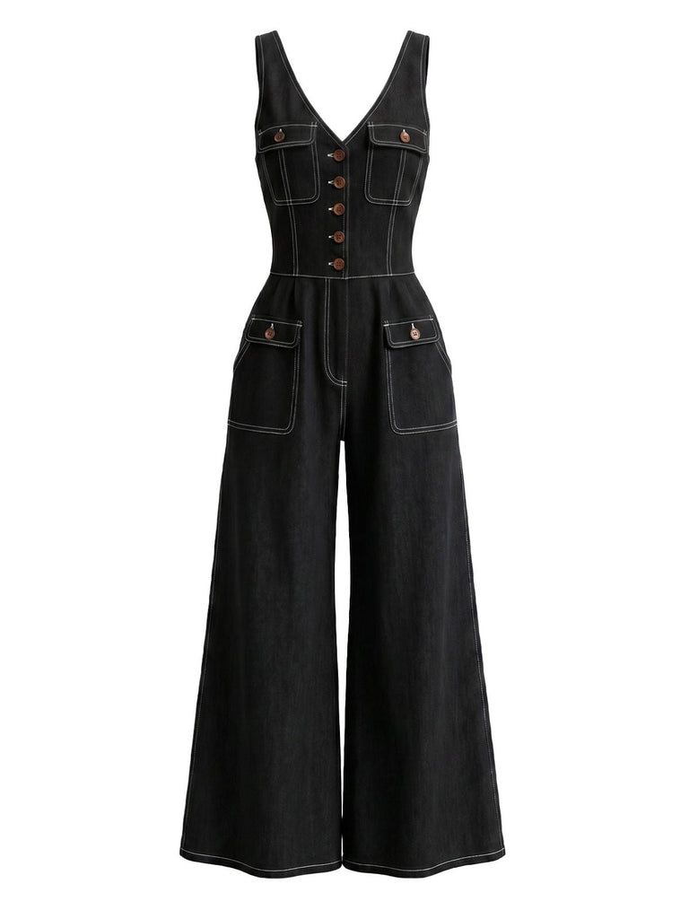 Tuta Lunga Scollo a V in Denim Gamba Dritta Anni '60 2