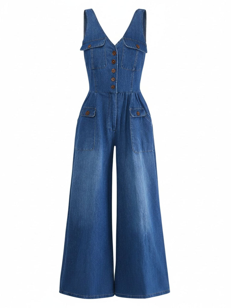 Tuta Lunga Scollo a V in Denim Gamba Dritta Anni '60 4