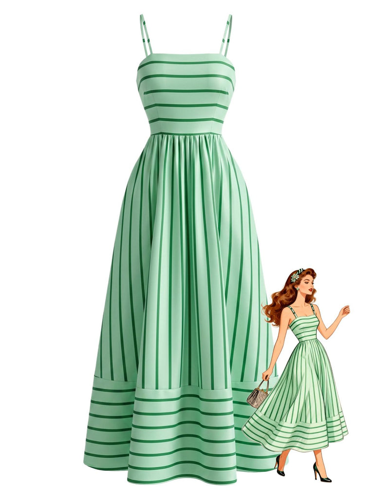 Abito Longuette Spalline Sottili a Righe con Cut-Out Verde Anni '50