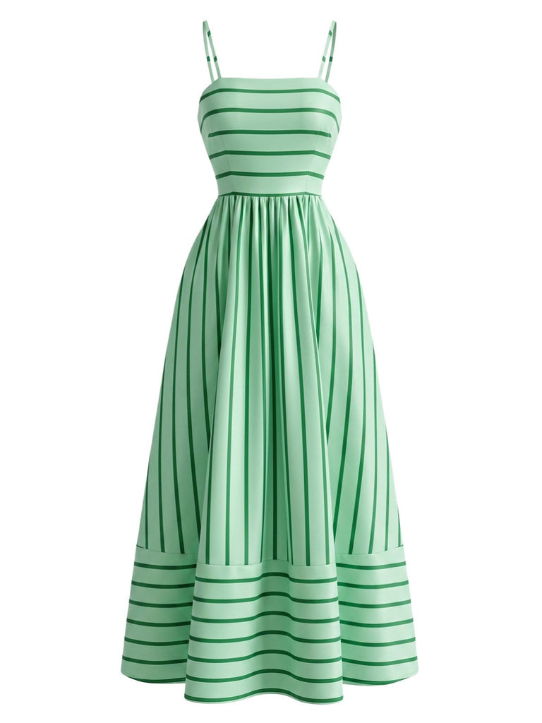 Abito Longuette Spalline Sottili a Righe con Cut-Out Verde Anni '50 2