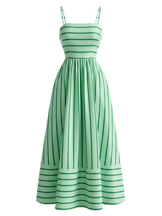 Abito Longuette Spalline Sottili a Righe con Cut-Out Verde Anni '50 2