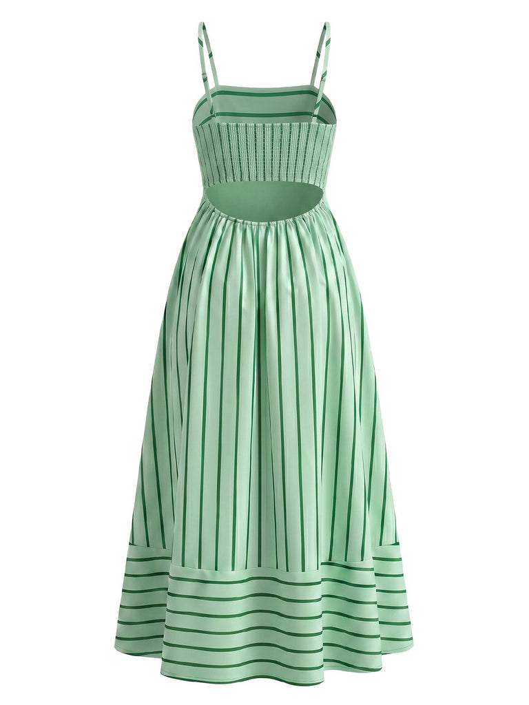 Abito Longuette Spalline Sottili a Righe con Cut-Out Verde Anni '50 3
