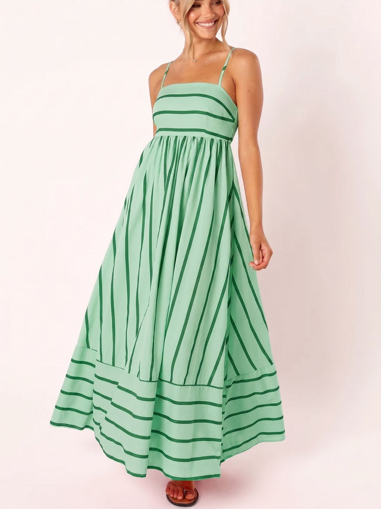 Abito Longuette Spalline Sottili a Righe con Cut-Out Verde Anni '50 4
