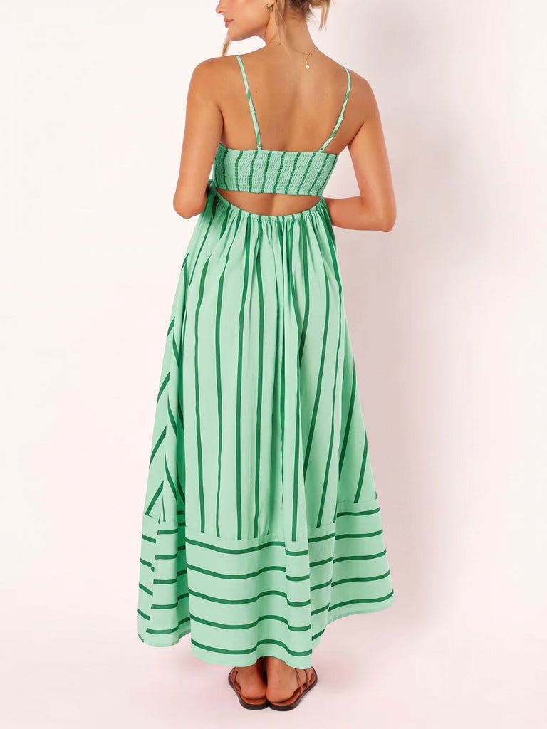 Abito Longuette Spalline Sottili a Righe con Cut-Out Verde Anni '50 5