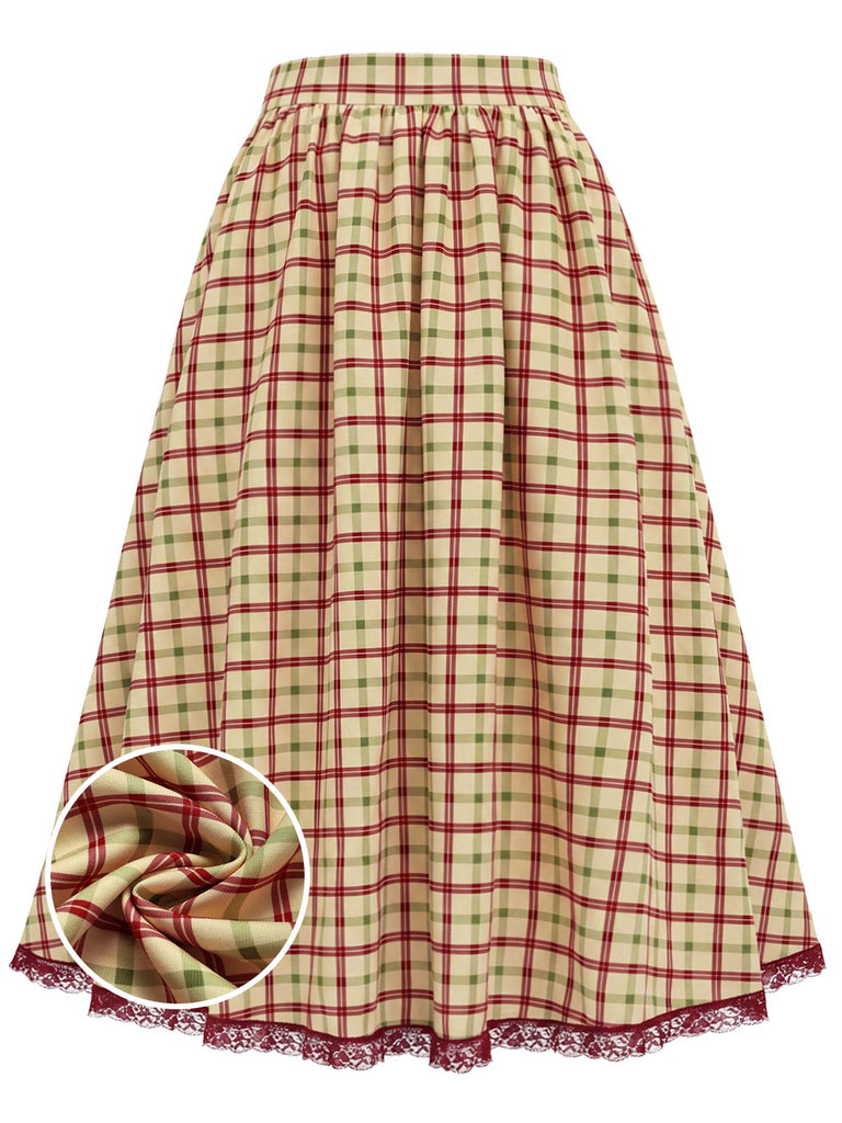 [Prevendita] Gonna Linea A a Quadri Vita Alta con Pizzo e Tasche Anni '40