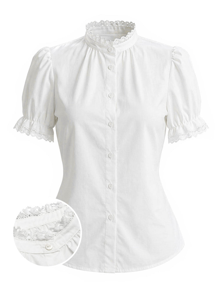 [Prevendita] Camicetta Bianco Anni '50 Tinta Unita in Pizzo Patchwork Puff