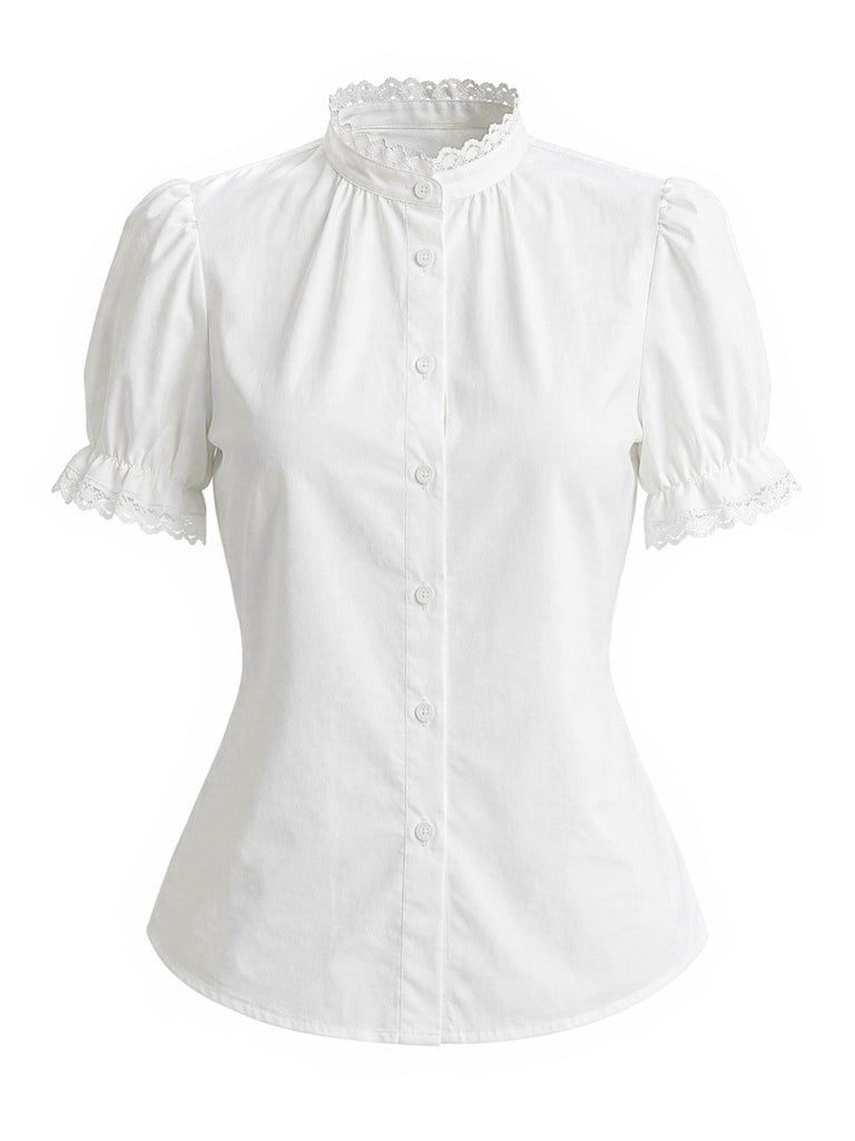 [Prevendita] Camicetta Bianco Anni '50 Tinta Unita in Pizzo Patchwork Puff 2