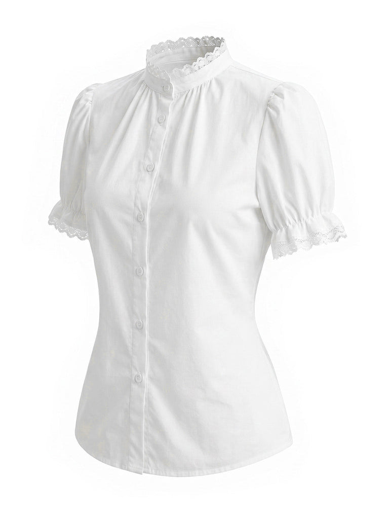 [Prevendita] Camicetta Bianco Anni '50 Tinta Unita in Pizzo Patchwork Puff 3