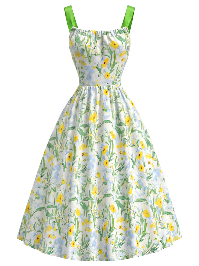 [Prevendita] Abito Giallo Verde Anni '50 Floreale Fiocco Verde a Contrasto Sul Retro con Fiocco 2