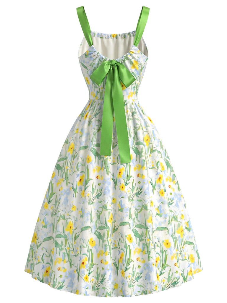 [Prevendita] Abito Giallo Verde Anni '50 Floreale Fiocco Verde a Contrasto Sul Retro con Fiocco 4