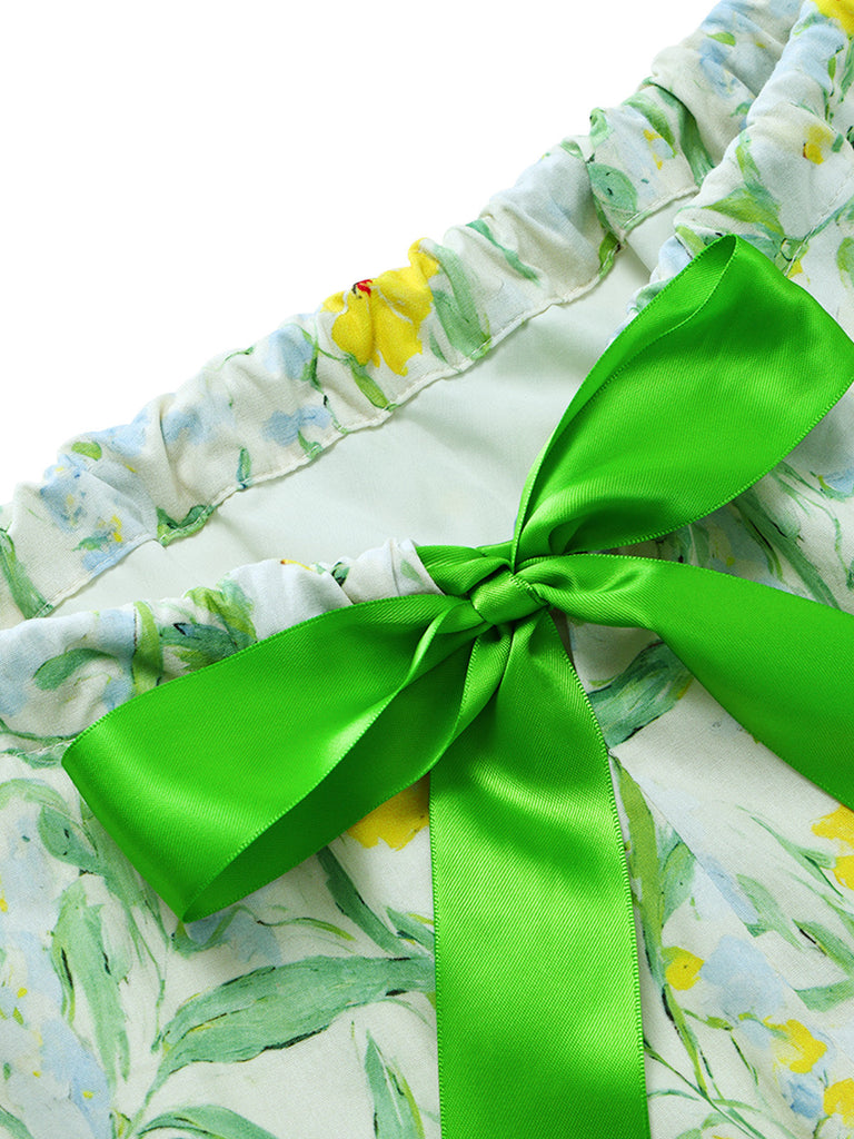 [Prevendita] Abito Giallo Verde Anni '50 Floreale Fiocco Verde a Contrasto Sul Retro con Fiocco 5