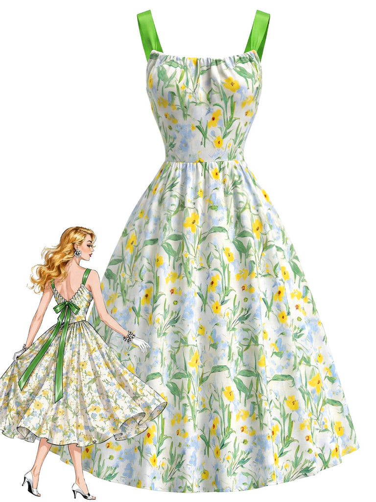[Prevendita] Abito Giallo Verde Anni '50 Floreale Fiocco Verde a Contrasto Sul Retro con Fiocco