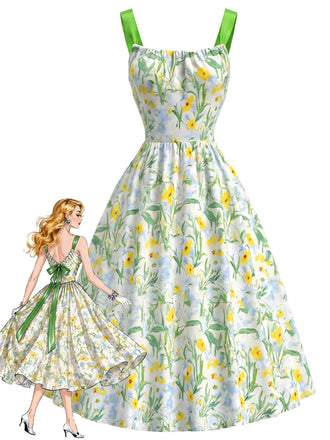 [Prevendita] Abito Giallo Verde Anni '50 Floreale Fiocco Verde a Contrasto Sul Retro con Fiocco