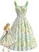 [Prevendita] Abito Giallo Verde Anni '50 Floreale Fiocco Verde a Contrasto Sul Retro con Fiocco