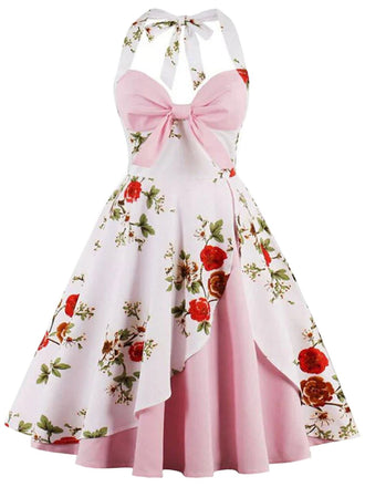 [Prevendita] [Taglia Forti] Abito a ruota stampa floreale fiocco rosa anni '50