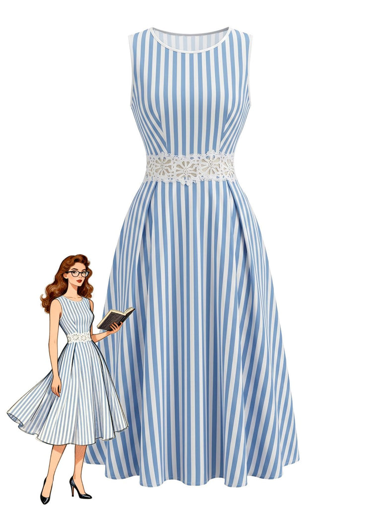 Abito Blu e Bianco Senza Maniche a Righe con Pizzo e Cutout in Vita Anni '50