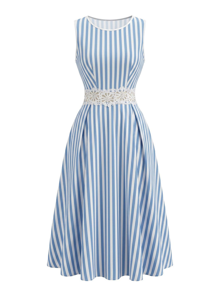 Abito Blu e Bianco Senza Maniche a Righe con Pizzo e Cutout in Vita Anni '50 2