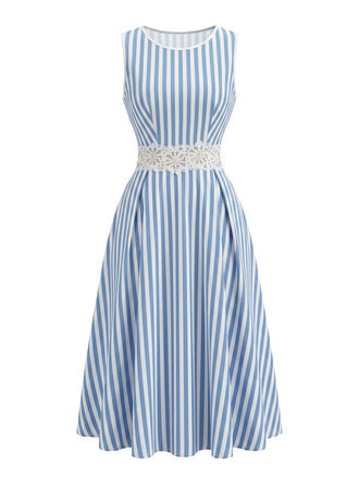 Abito Blu e Bianco Senza Maniche a Righe con Pizzo e Cutout in Vita Anni '50 2