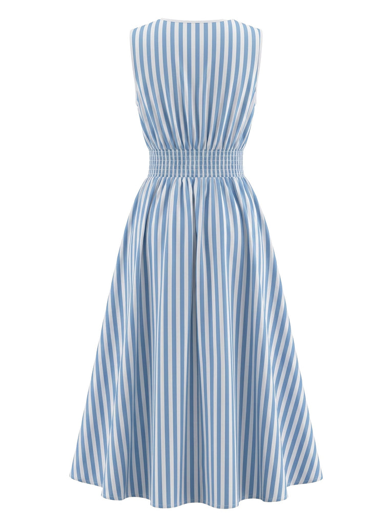 Abito Blu e Bianco Senza Maniche a Righe con Pizzo e Cutout in Vita Anni '50 3