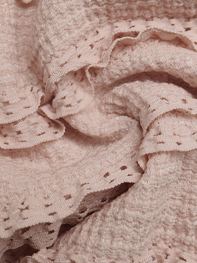 Tuta Corta Rosa Nebbia Allacciatura al Collo Texturizzata a Volant Slim Anni '60 8