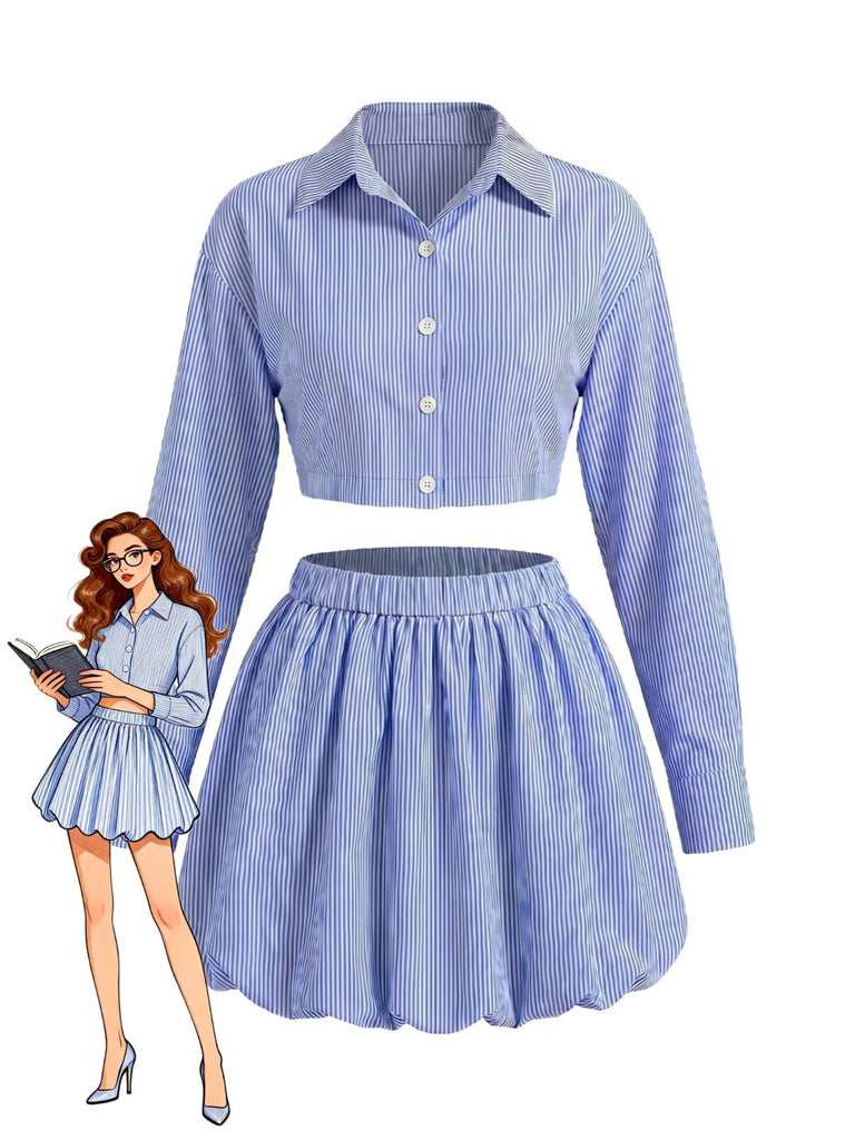 Set 2 Pezzi Blu Camicia Crop a Righe e Minigonna a Palloncino Anni '60