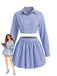 Set 2 Pezzi Blu Camicia Crop a Righe e Minigonna a Palloncino Anni '60