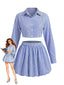 2PCS Camicia Crop e Minigonna a Palloncino Blu a Righe Anni '60