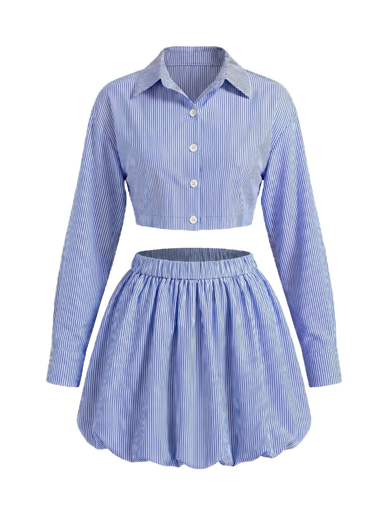 Set 2 Pezzi Blu Camicia Crop a Righe e Minigonna a Palloncino Anni '60 2