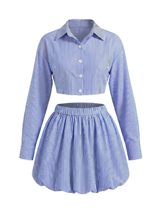 Set 2 Pezzi Blu Camicia Crop a Righe e Minigonna a Palloncino Anni '60 2