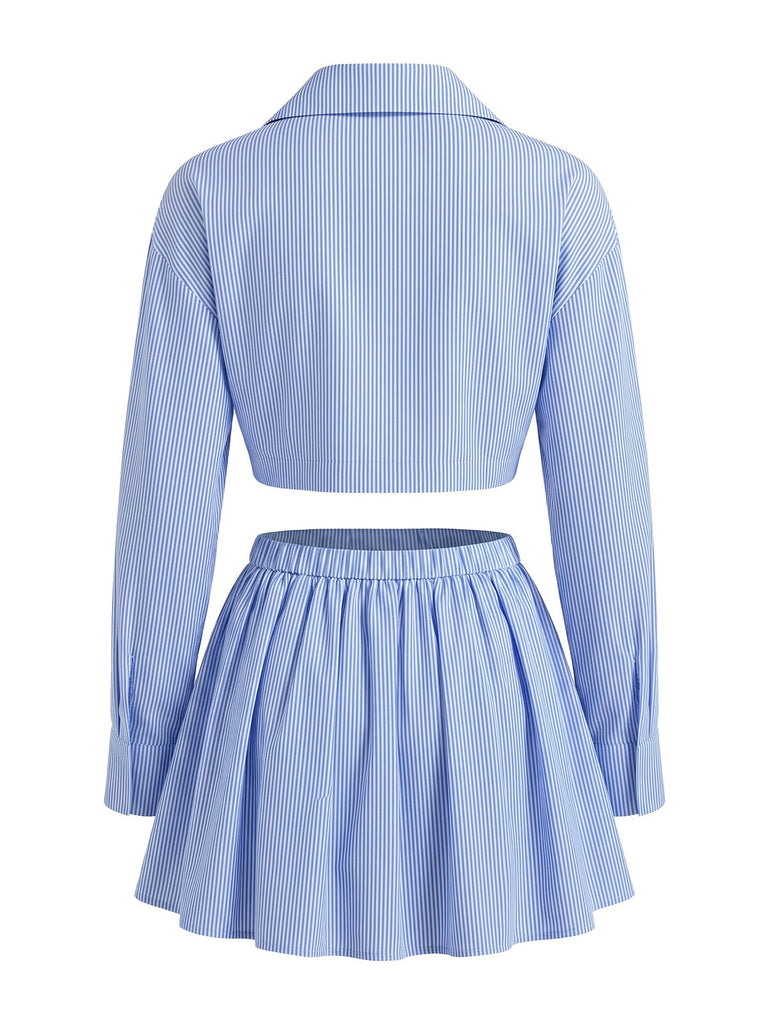 Set 2 Pezzi Blu Camicia Crop a Righe e Minigonna a Palloncino Anni '60 4