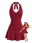 2PCS Top Rosso Anni '60 a Pois con Scollo All'americana e Gonna